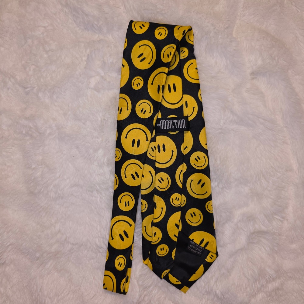 Addiction Necktie Mens OS Black Yellow Excellent Smiley Face Novelty Print Retro